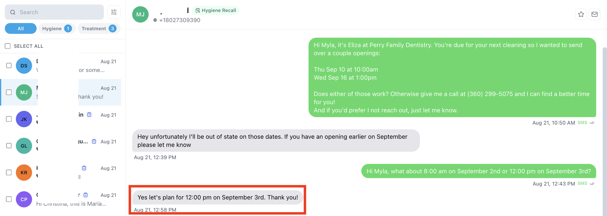 A real hygiene recall conversation: openings offered, patient asks for an earlier date, coordinator reschedules, patient confirms 12:00 pm on September 3rd