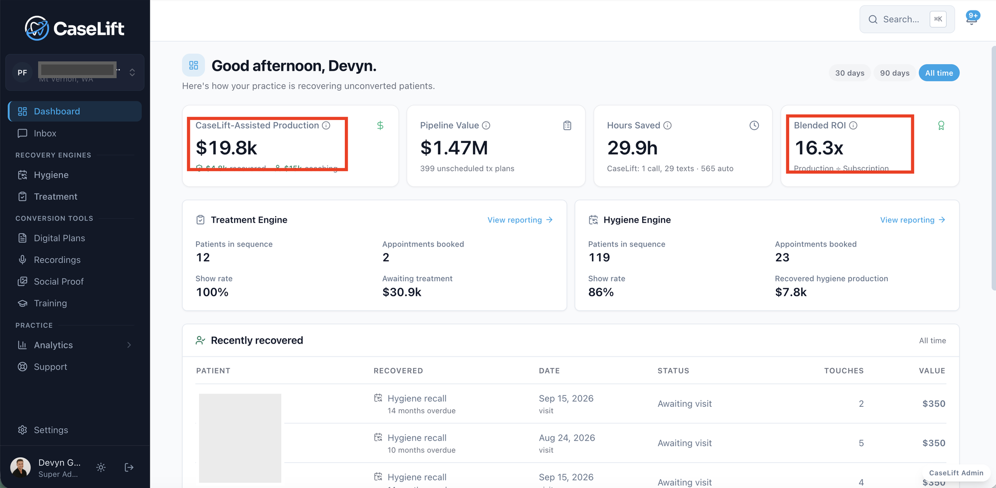 Live CaseLift account dashboard, practice redacted