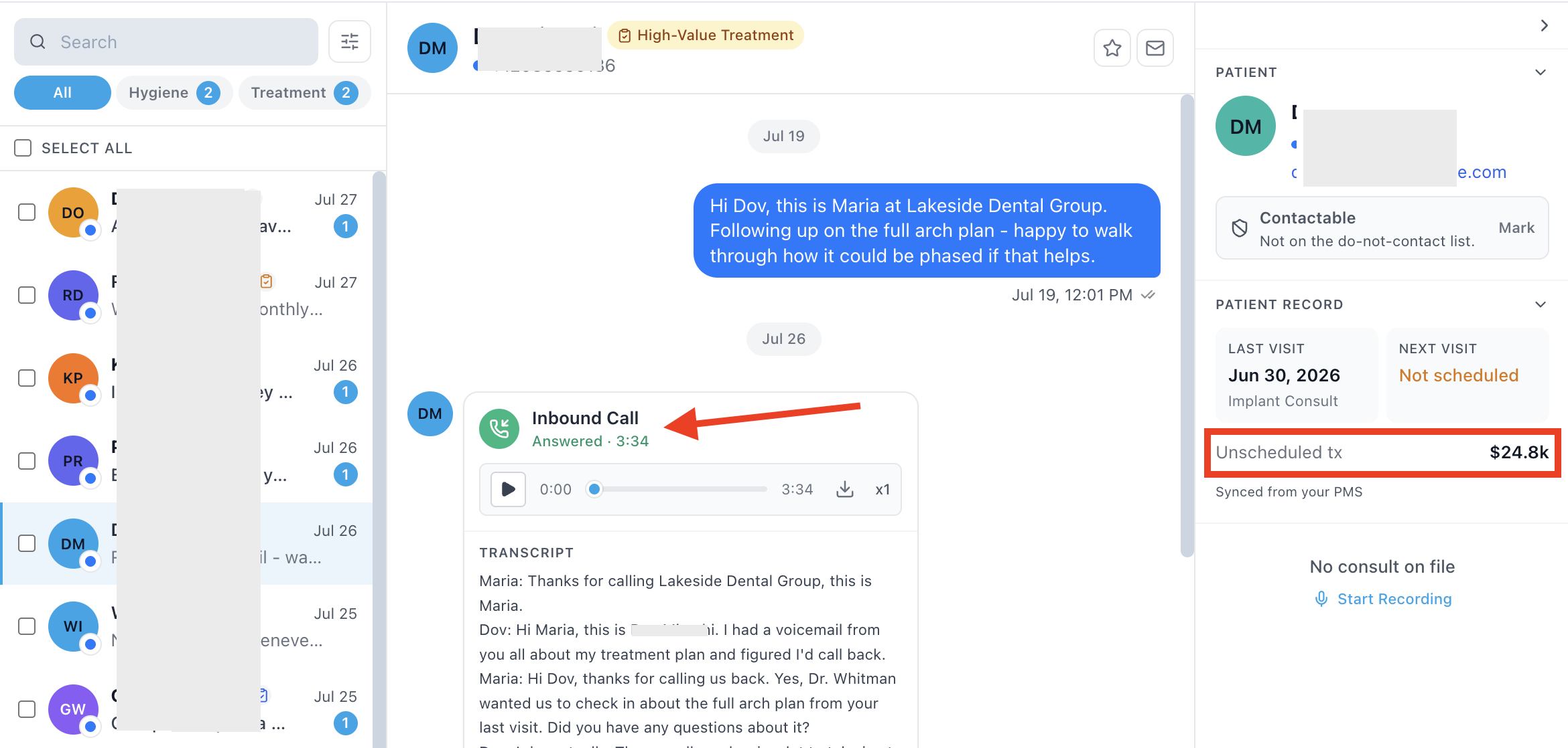 Inbox thread: a follow-up text on a treatment plan, the patient calls back, and the coordinator answers a 3:34 call